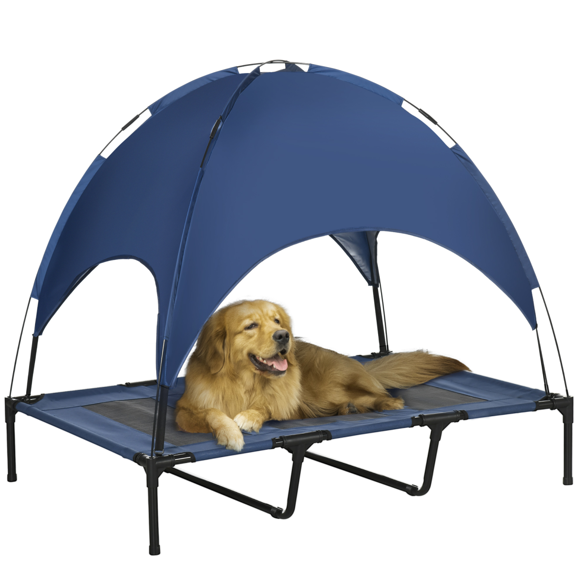 PawHut 122cm Elevated Dog Bed with Canopy - UV Shade, Cooling Raised Cot, Blue