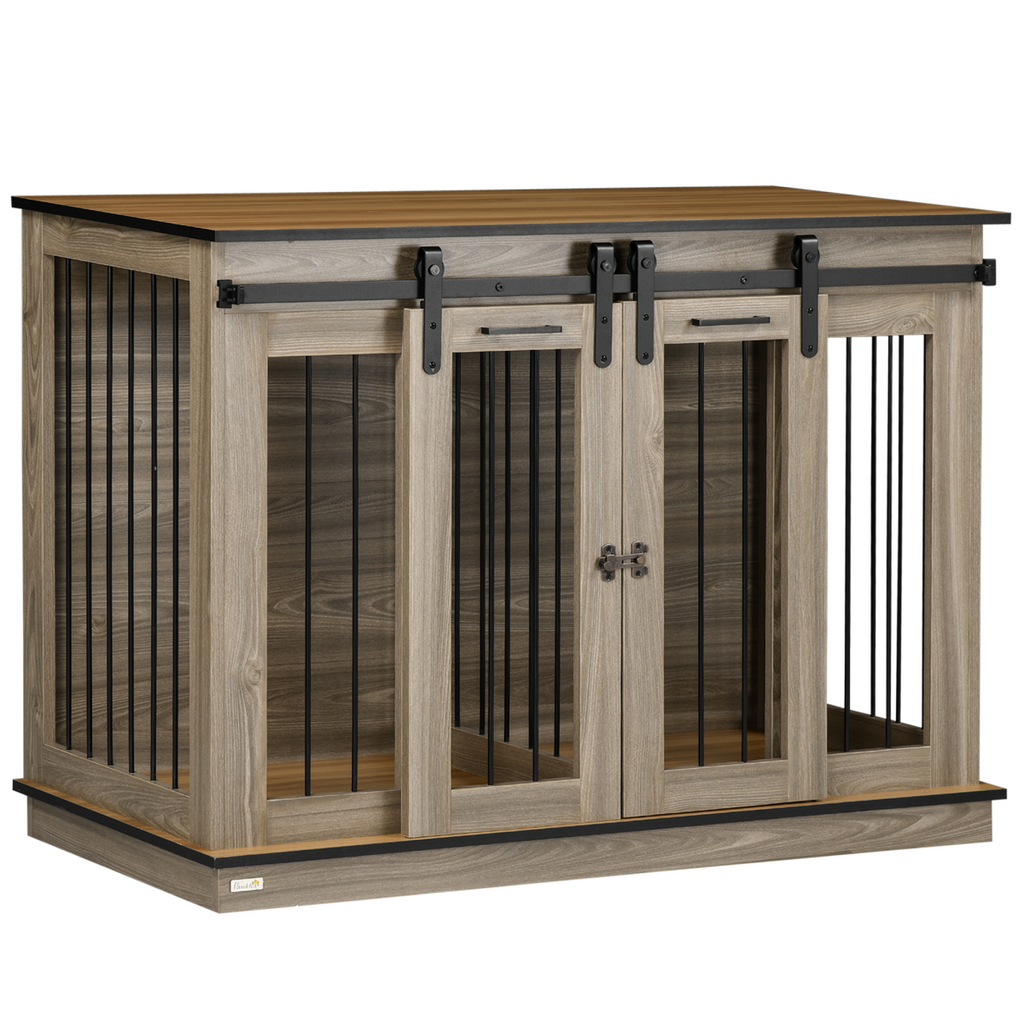 PawHut Oak-Tone 2-Room Dog Crate with Divider & Lockable Doors