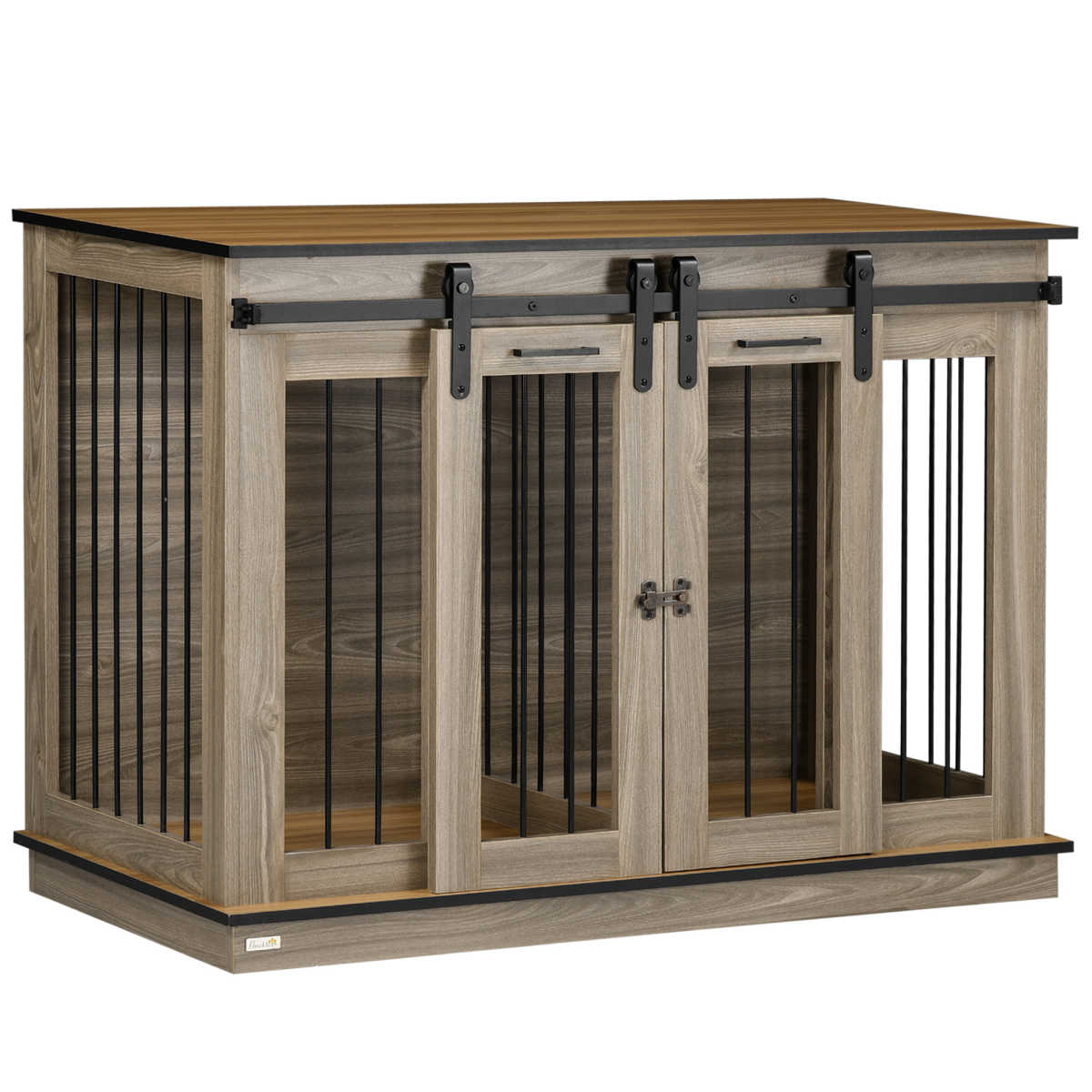PawHut Oak-Tone 2-Room Dog Crate with Divider & Lockable Doors