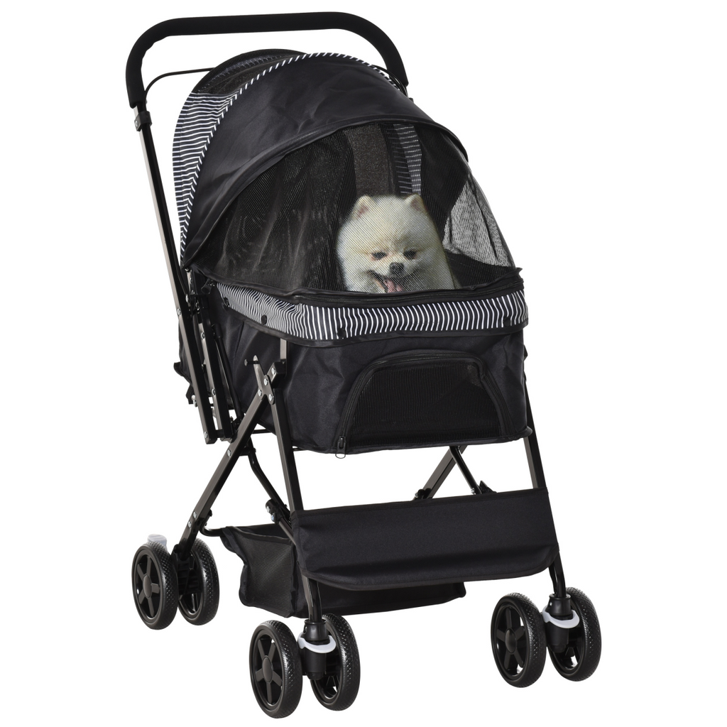 Foldable Pet Stroller with Reversible Handle - Four-Wheel Travel Carriage Black