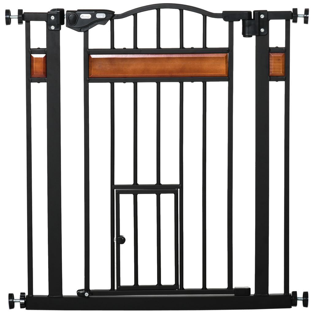 Pawhut Pet Safety Gate with Cat Door, Auto-Close, Pine Decor, 74-80 cm