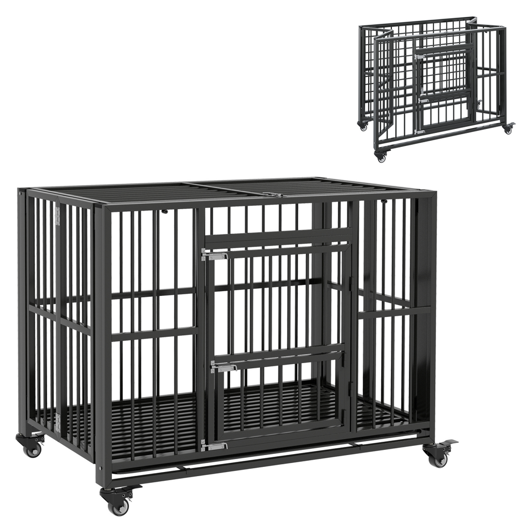 PawHut 43 Foldable Heavy-Duty Dog Crate with Locks, Removable Tray & Wheels