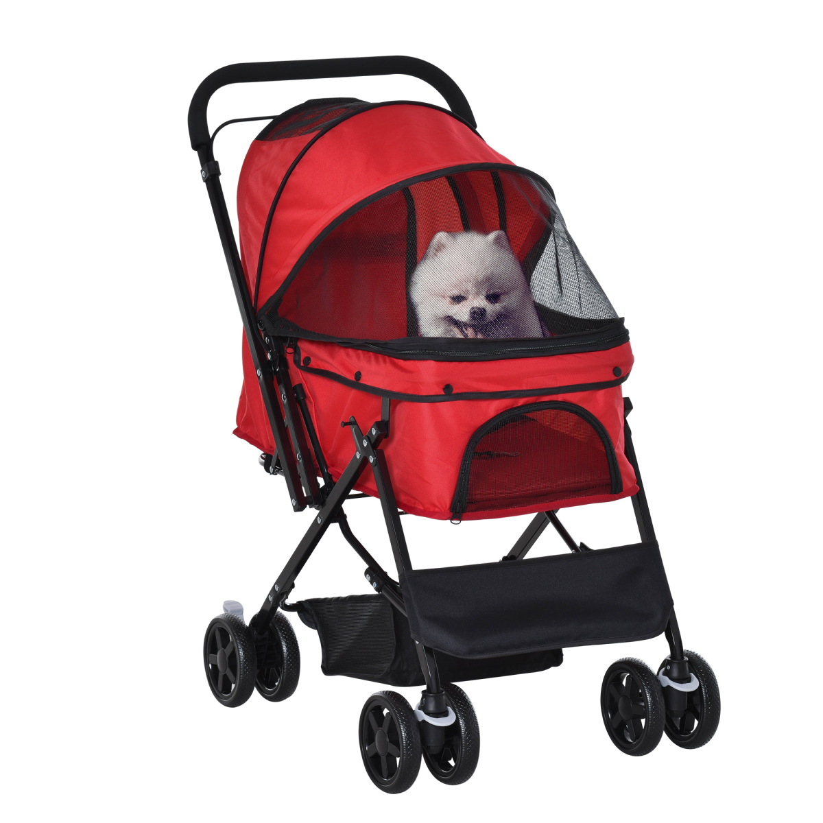 Foldable Four-Wheel Pet Stroller with Reversible Handle, Brakes & Storage