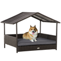 PawHut Wicker Dog House, Cat Basket & Rattan Pet Bed with Cushion - Grey