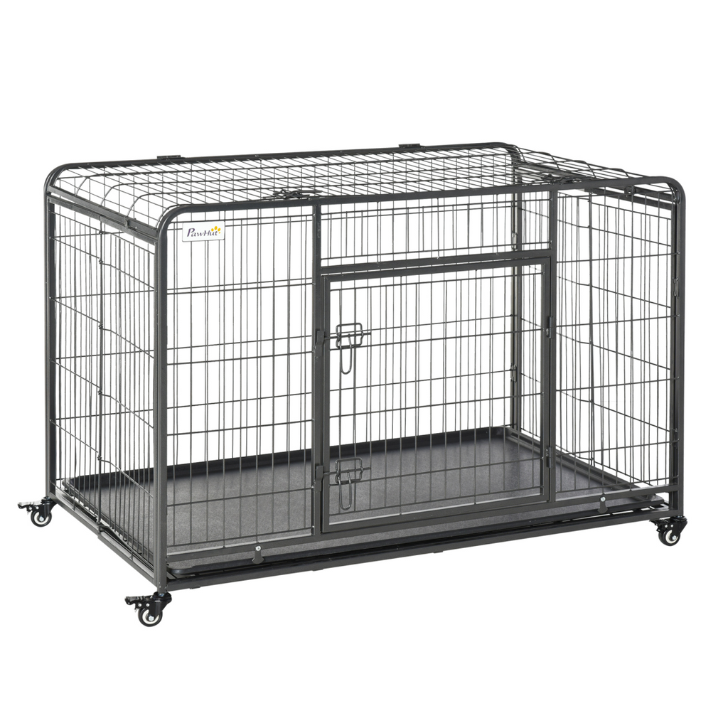 81x125cm Pawhut Metal Dog Cage with Locking Door and Wheels Extra Large