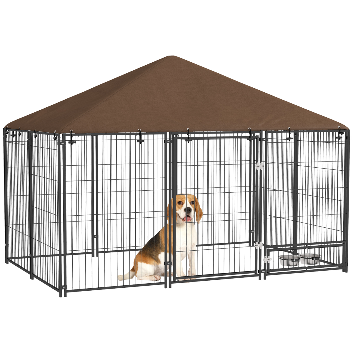 PawHut Outdoor Dog House with Canopy & Locking Rotating Bowl Holder